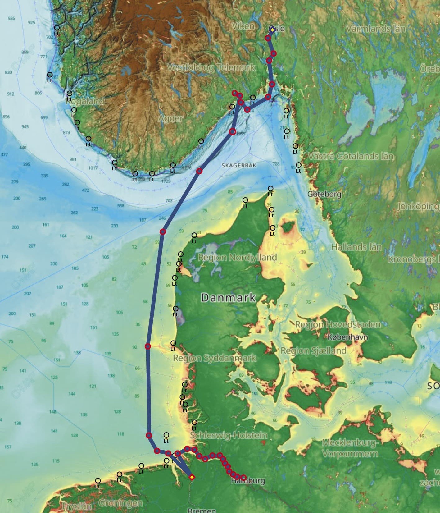 The route to be travelled by Yara Eyde from Norway to Europe.